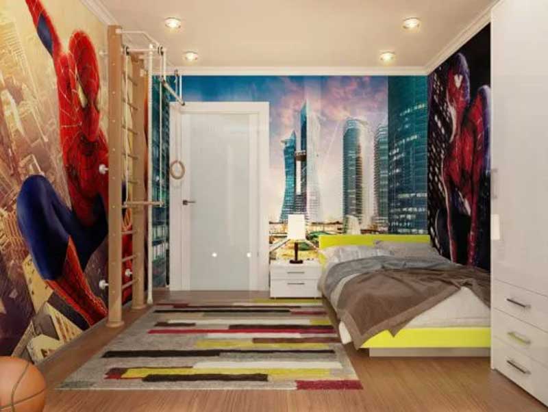 Phòng trẻ em với toàn bộ tường trang trí giấy dán tường siêu nhân Spiderman
