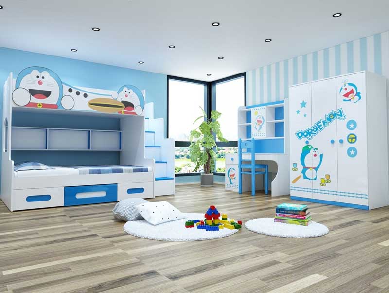 Phòng ngủ sử dụng hình ảnh Doraemon tạo sự hứng thú cho bé