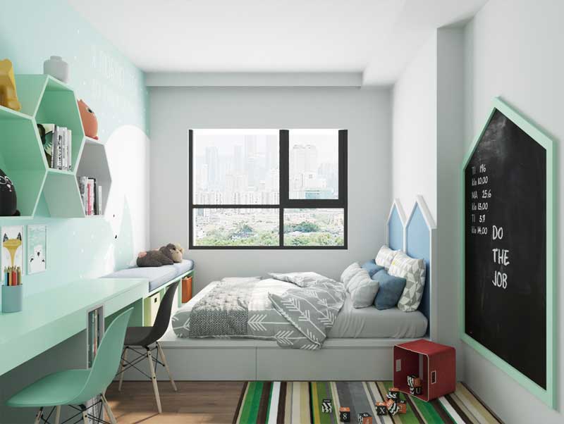 Phòng ngủ với màu xanh tươi sáng cùng cách sắp xếp khoa học tối ưu diện tích phòng. Kèm bảng đen đính tường cho bé tha hồ sáng tạo vẽ vời mọi thứ bé muốn