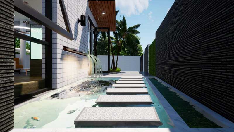 Bản vẽ 3D biệt thự có hồ bơi phía bên ngoài của dự án 3