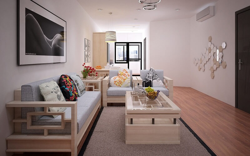 Mẫu phòng khách hiện đại sử dụng chất liệu gỗ cùng màu sắc trung tính, không nặng về tính kim loại mà đem lại cảm giác mộc mạc