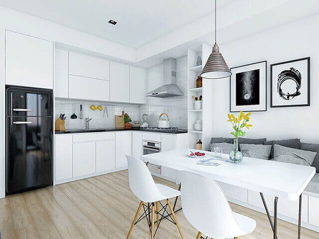 Phòng bếp nhờ sử dụng tone màu sáng kết hợp ánh sáng làm cho căn phòng hiện đại hơn