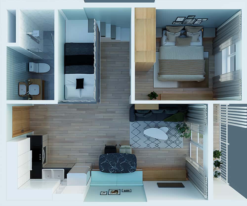 Căn hộ một phòng ngủ được thiết kế tối ưu giúp cho không gian rất thoải mái