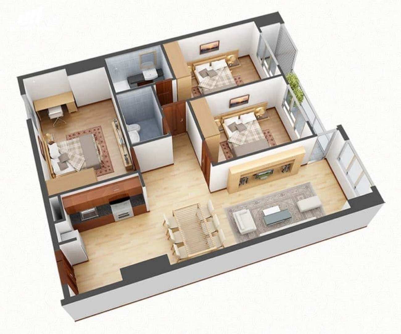 Một bản mô phỏng 3D của căn hộ loại gia đình này